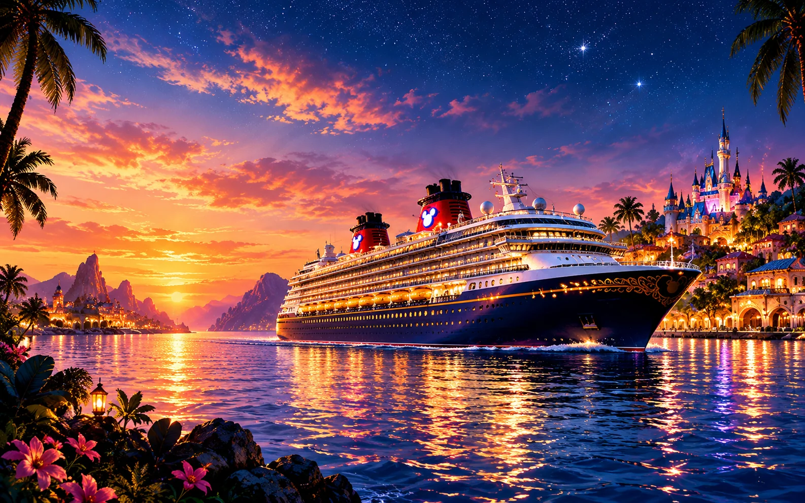 Illustrated cruise ship at twilight