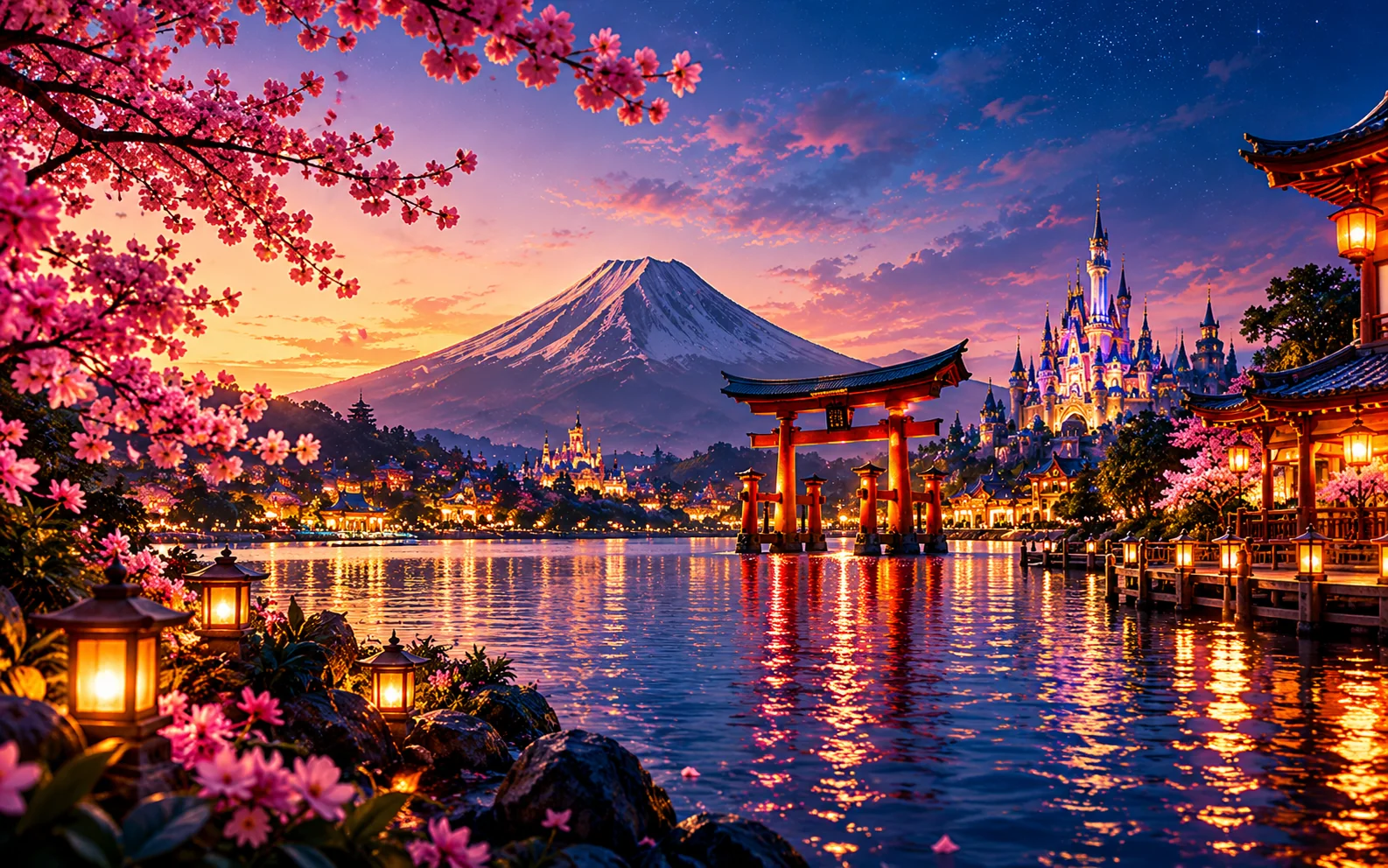 Illustrated Mount Fuji and Tokyo fairytale resort